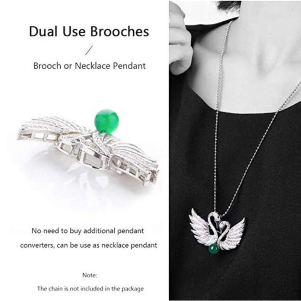 swan couple rhinestone & jade brooch / pendant - Picture 3 of 7